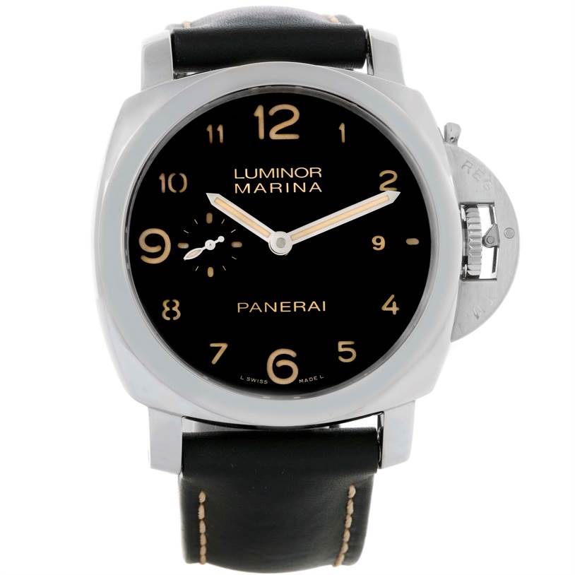 The image shows a front view of a Panerai Luminor PAM00359 Men's Stainless Steel Black Dial PAM00359 Men's Stainless Steel Black Dial Marina watch with a black dial and leather strap.