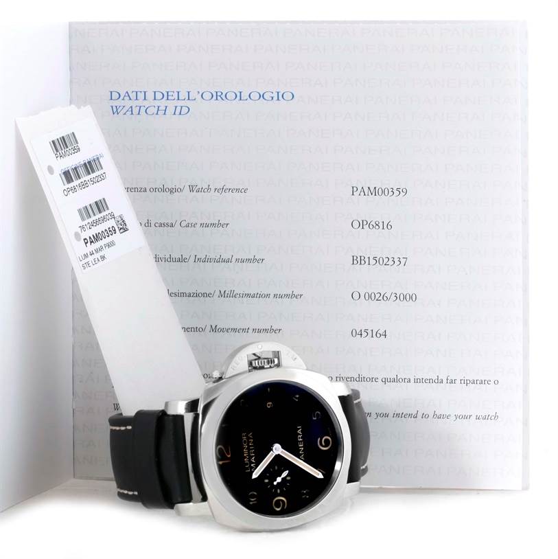 The image shows a Panerai Luminor PAM00359 Men's Stainless Steel Black Dial PAM00359 Men's Stainless Steel Black Dial watch front-on, alongside its documentation and tags.