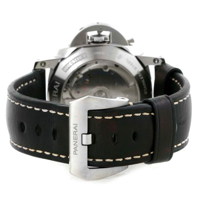 The image shows the back view of a Panerai Luminor PAM00359 Men's Stainless Steel Black Dial PAM00359 Men's Stainless Steel Black Dial watch, focusing on the clasp and leather strap.