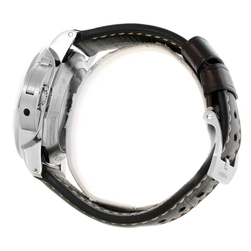 This image shows a side view of a Panerai Luminor PAM00359 Men's Stainless Steel Black Dial PAM00359 Men's Stainless Steel Black Dial watch, focusing on the case back, crown guard, and leather strap with buckle.