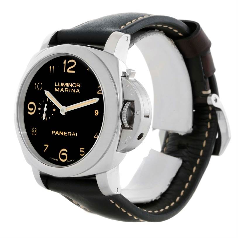 The image shows a Panerai Luminor PAM00359 Men's Stainless Steel Black Dial PAM00359 Men's Stainless Steel Black Dial Marina watch from a front and slight side angle, highlighting its black dial and crown guard.