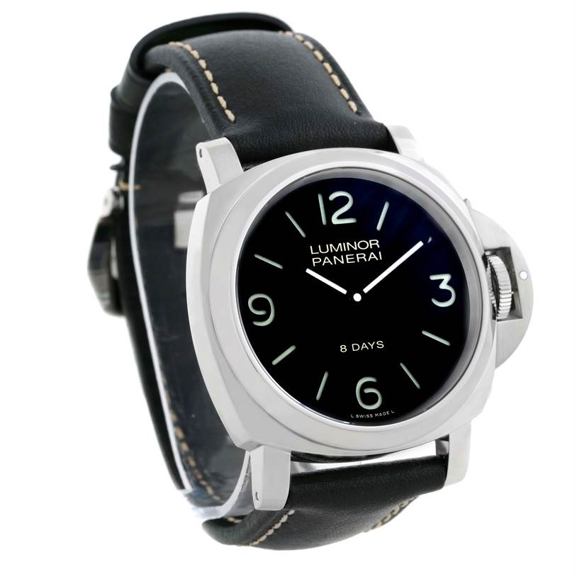 The image shows a close-up angle of a Panerai Luminor PAM00560 Men's Stainless Steel Black Dial PAM00560 Men's Stainless Steel Black Dial watch featuring its face, case, and partially visible leather strap.