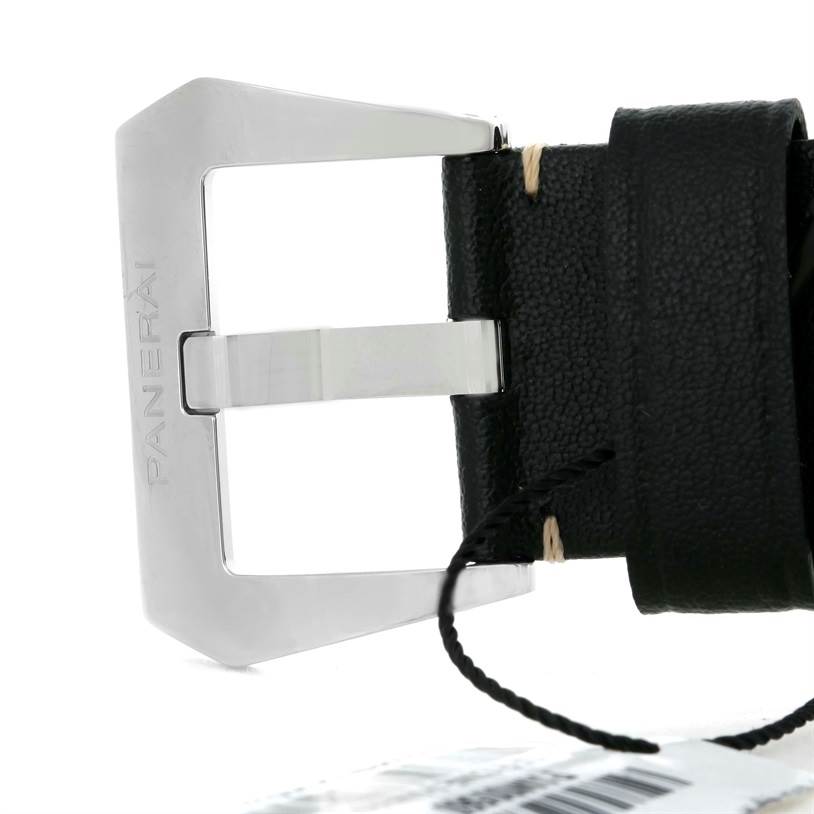 This image shows a close-up of the buckle and leather strap of a Panerai Luminor PAM00560 Men's Stainless Steel Black Dial PAM00560 Men's Stainless Steel Black Dial watch.