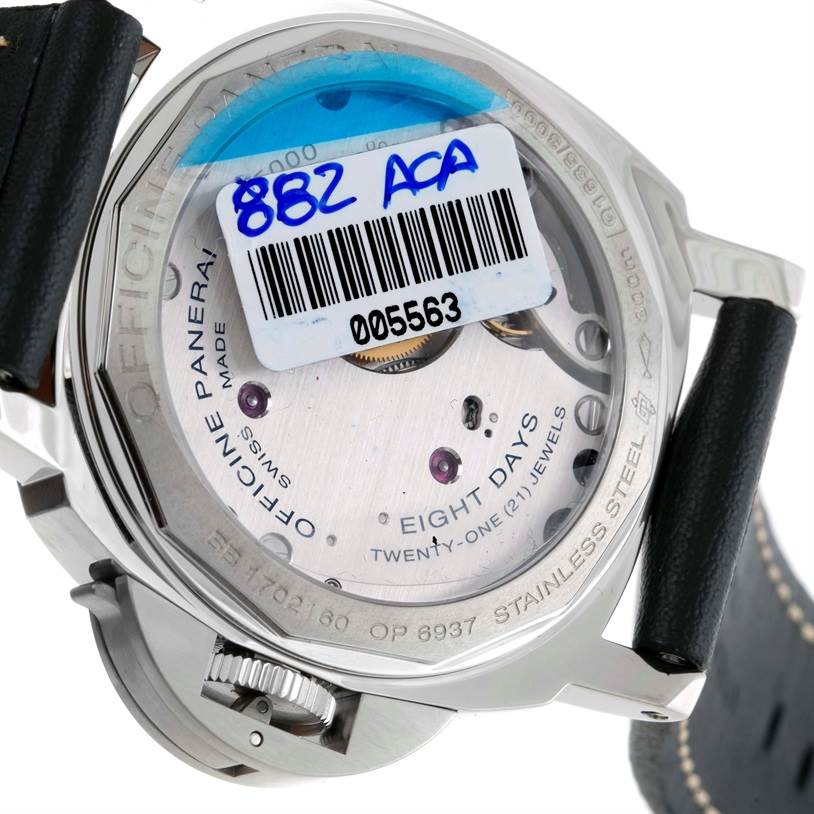 The image shows the back case of a Panerai Luminor PAM00560 Men's Stainless Steel Black Dial PAM00560 Men's Stainless Steel Black Dial watch, highlighting the mechanical movement and case back inscriptions.