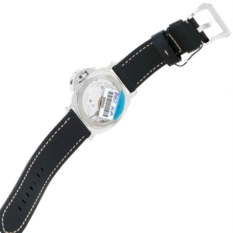The image shows the back view of a Panerai Luminor PAM00560 Men's Stainless Steel Black Dial PAM00560 Men's Stainless Steel Black Dial watch, displaying its case back and leather strap.