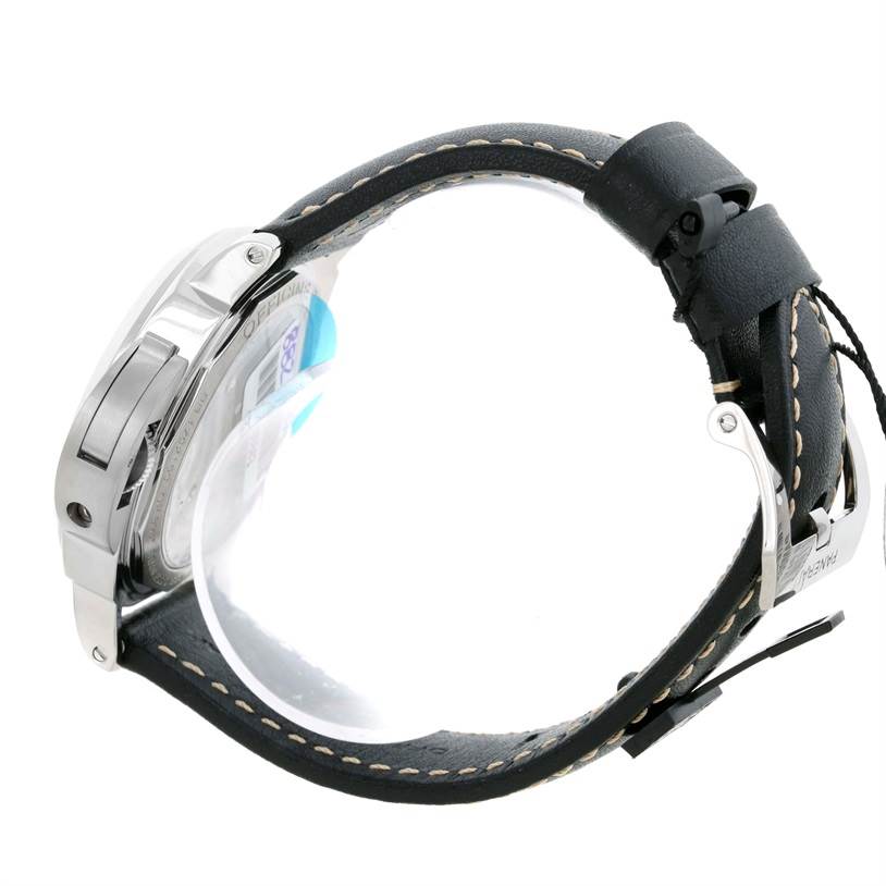 The image shows a side view of a Panerai Luminor PAM00560 Men's Stainless Steel Black Dial PAM00560 Men's Stainless Steel Black Dial watch, focusing on the strap, buckle, and side of the watch case.