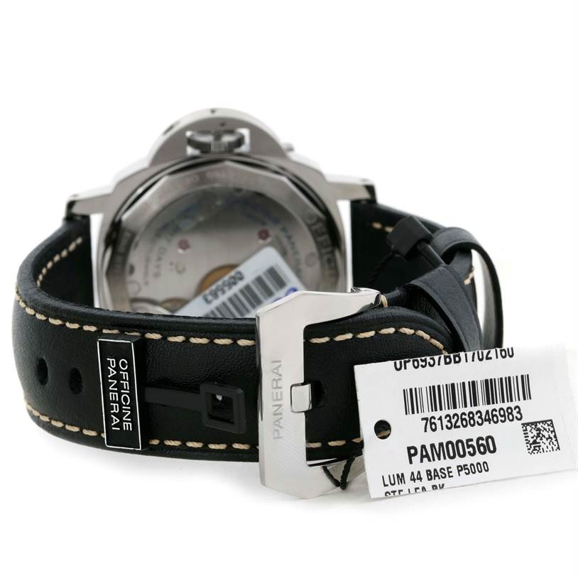 This image shows the back view of a Panerai Luminor PAM00560 Men's Stainless Steel Black Dial PAM00560 Men's Stainless Steel Black Dial PAM00560 watch, focusing on the strap, buckle, and case back.