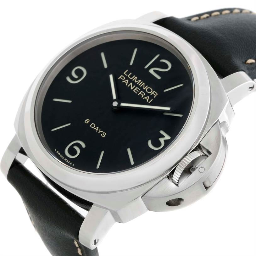 The image shows a Panerai Luminor PAM00560 Men's Stainless Steel Black Dial PAM00560 Men's Stainless Steel Black Dial watch at an angled close-up, highlighting the dial, numerals, and distinctive crown guard.