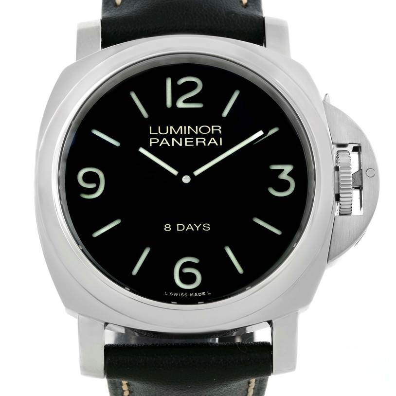 The image shows a front view of a Panerai Luminor PAM00560 Men's Stainless Steel Black Dial PAM00560 Men's Stainless Steel Black Dial watch displaying the face, crown, and part of the strap.