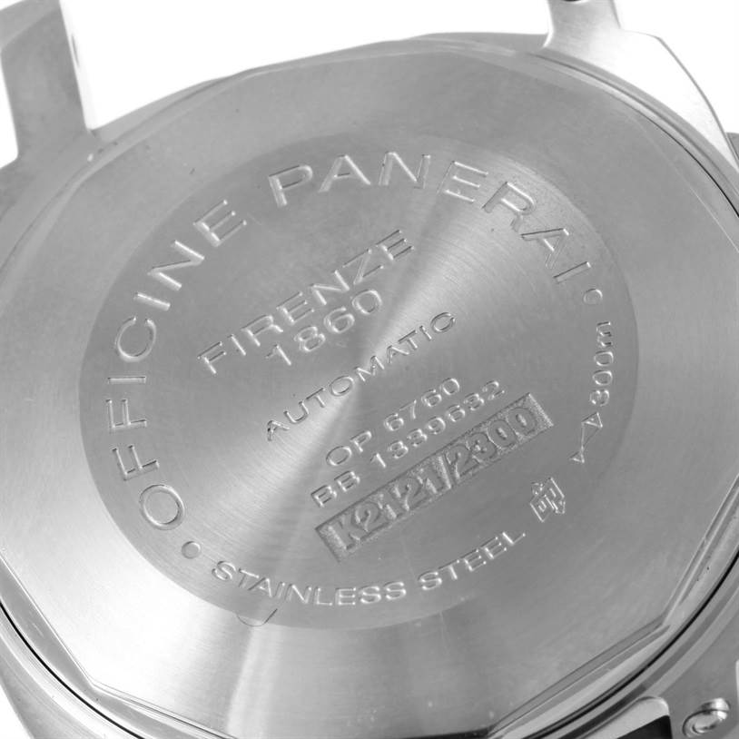 This image shows the back case of a Panerai Luminor PAM00048 Men
s Stainless Steel Black Dial PAM00048 Men
s Stainless Steel Black Dial watch, detailing the engraving and serial numbers.