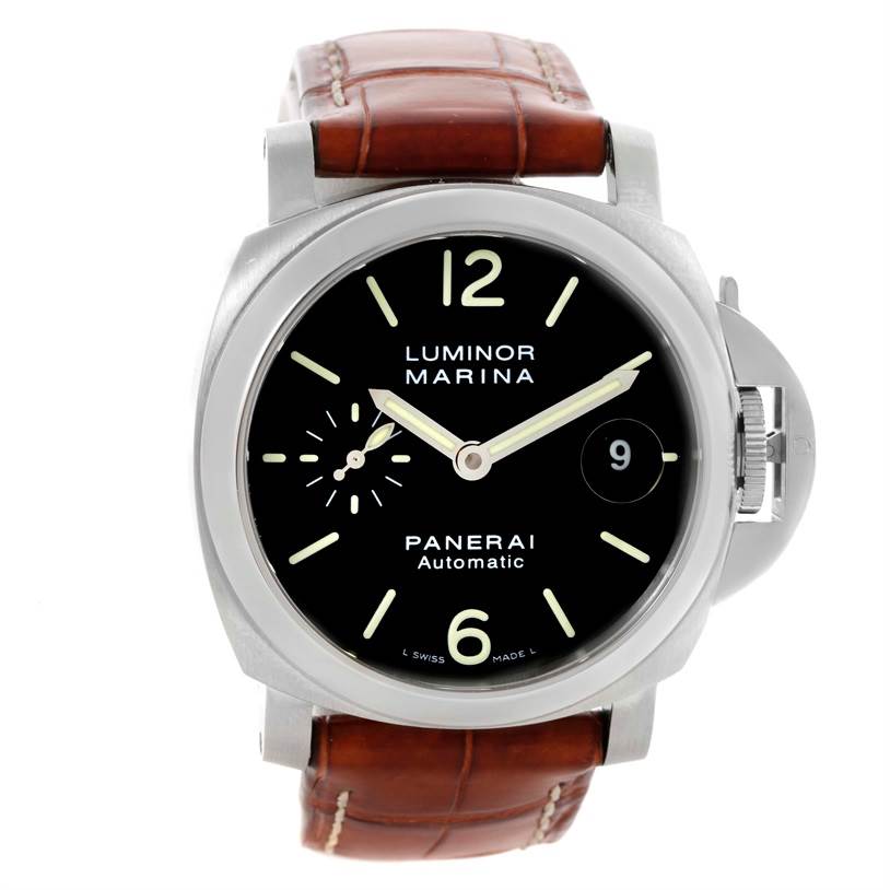 The image shows a front view of a Panerai Luminor PAM00048 Men
s Stainless Steel Black Dial PAM00048 Men
s Stainless Steel Black Dial Marina watch with a brown leather strap.
