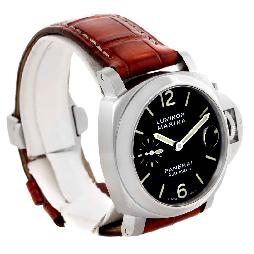 The image shows a Panerai Luminor PAM00048 Men
s Stainless Steel Black Dial PAM00048 Men
s Stainless Steel Black Dial Marina watch from a front-left angle, highlighting the dial and leather strap.