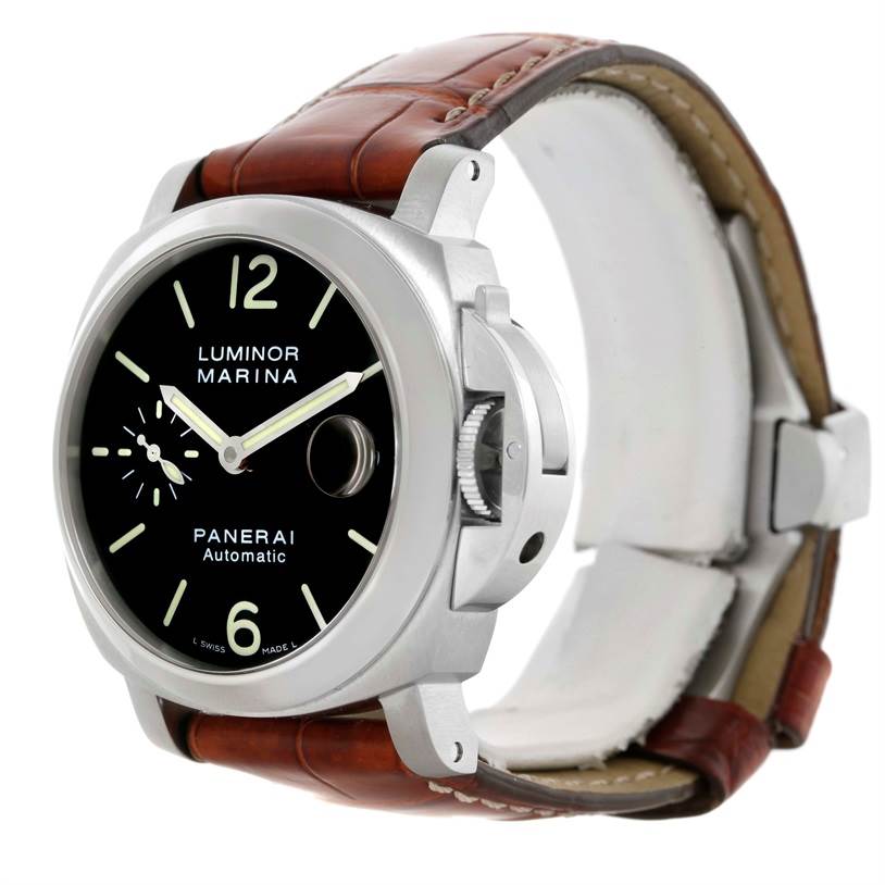 The Panerai Luminor PAM00048 Men
s Stainless Steel Black Dial PAM00048 Men
s Stainless Steel Black Dial watch is shown at a three-quarter angle, highlighting its black dial, crown guard, and leather strap.