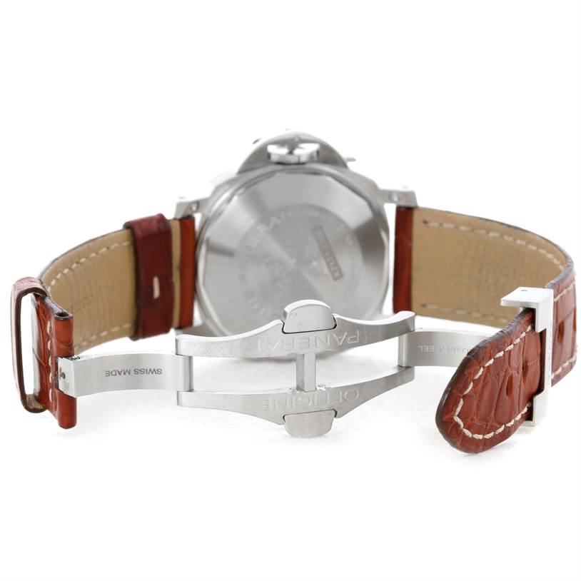 The image shows the Panerai Luminor PAM00048 Men
s Stainless Steel Black Dial PAM00048 Men
s Stainless Steel Black Dial watch from the back, highlighting the clasp and leather strap.