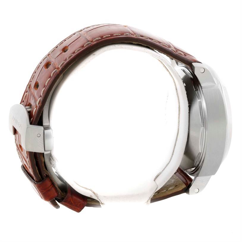 The image shows a side view of a Panerai Luminor PAM00048 Men
s Stainless Steel Black Dial PAM00048 Men
s Stainless Steel Black Dial watch, highlighting the bezel, case, and leather strap.