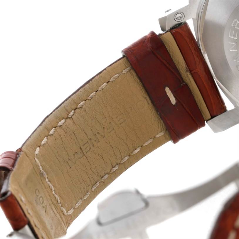 This image shows a close-up of the leather strap and backside of the Panerai Luminor PAM00048 Men
s Stainless Steel Black Dial PAM00048 Men
s Stainless Steel Black Dial watch with visible stitching detail.