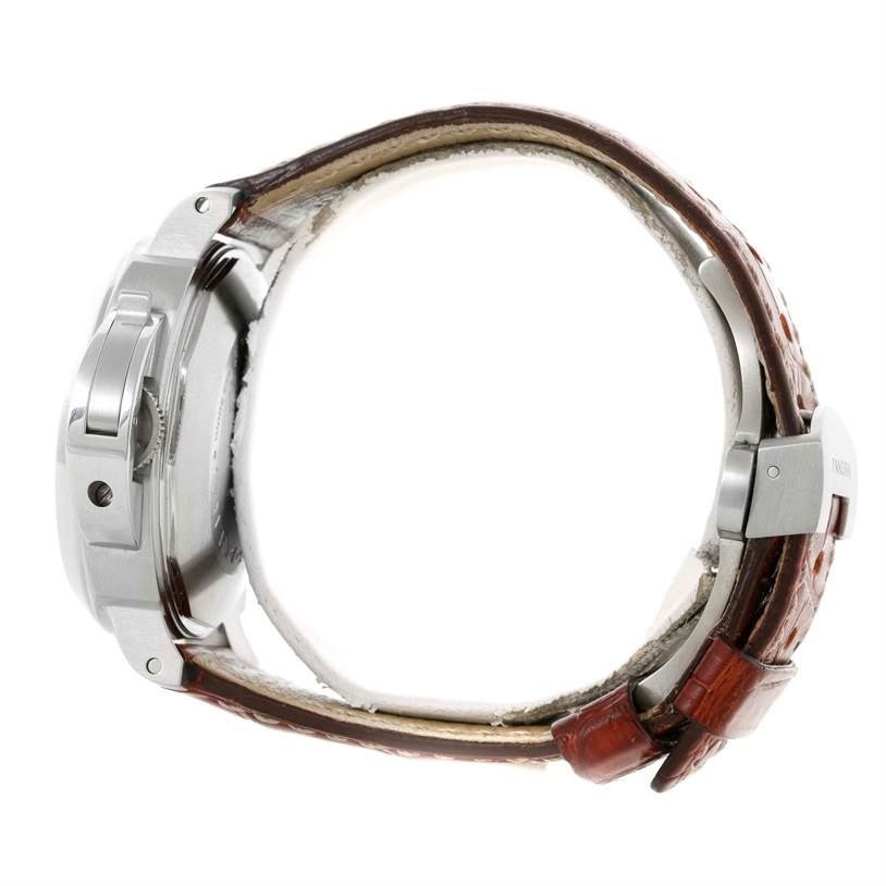 The image shows a side profile of a Panerai Luminor PAM00048 Men
s Stainless Steel Black Dial PAM00048 Men
s Stainless Steel Black Dial watch, highlighting its case and brown leather strap.