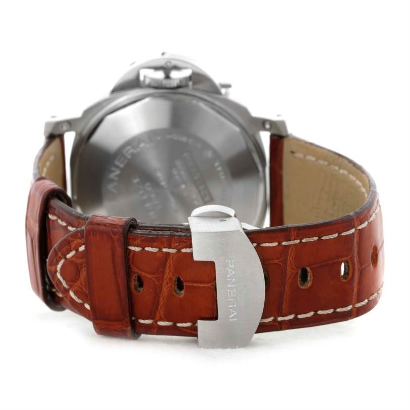 The image shows the back view of a Panerai Luminor PAM00048 Men
s Stainless Steel Black Dial PAM00048 Men
s Stainless Steel Black Dial watch, focusing on the leather strap and buckle.