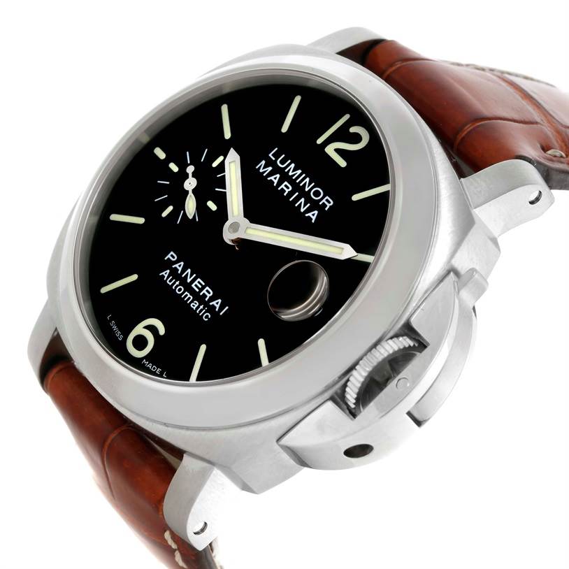 The image shows a Panerai Luminor PAM00048 Men
s Stainless Steel Black Dial PAM00048 Men
s Stainless Steel Black Dial watch with a tan leather strap, viewed from an angled perspective highlighting the dial and crown.