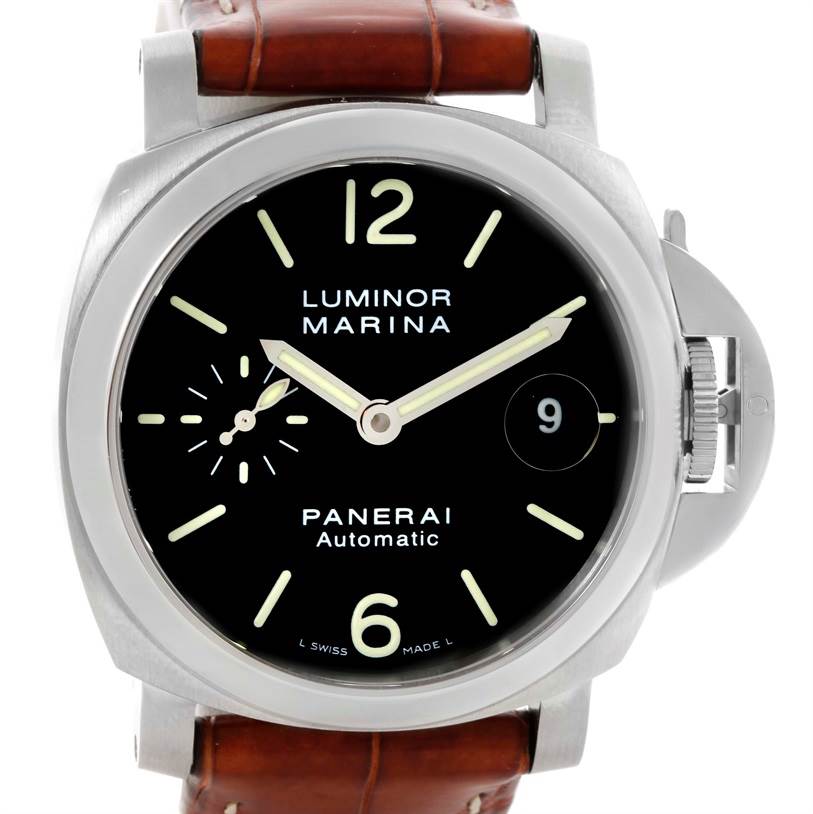 This image shows a front view of the Panerai Luminor PAM00048 Men
s Stainless Steel Black Dial PAM00048 Men
s Stainless Steel Black Dial Marina watch, highlighting its face, crown guard, and leather strap.