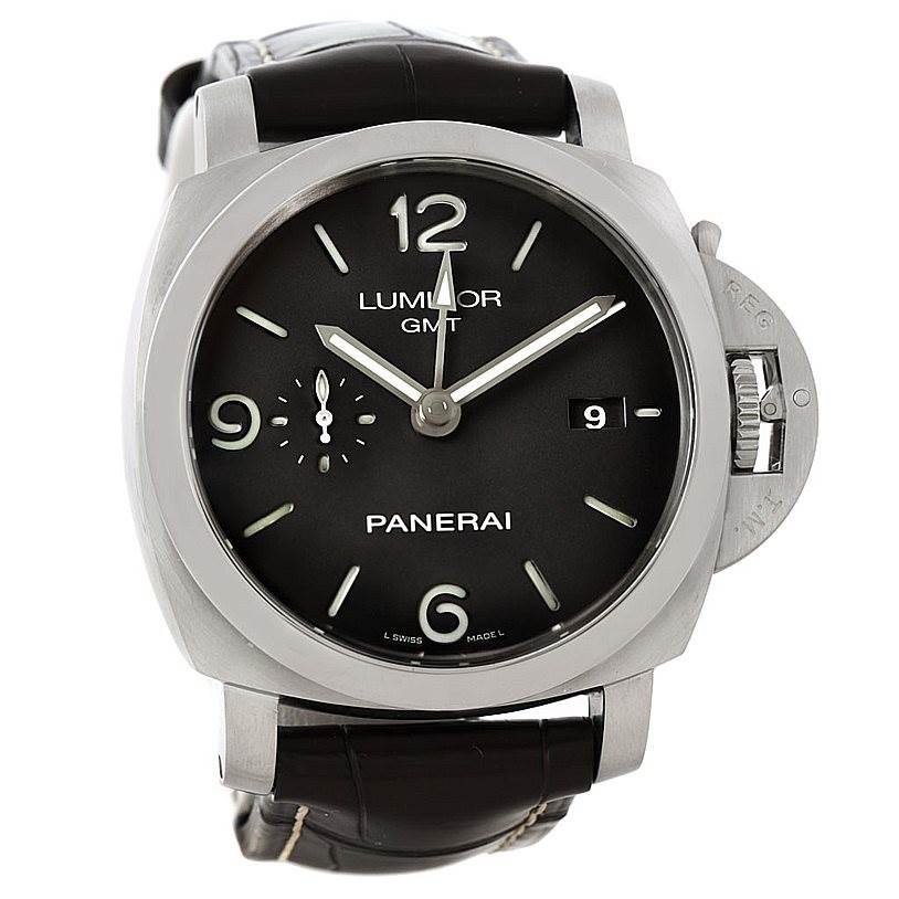 The Panerai Luminor PAM00320 Men's Stainless Steel Black Dial PAM00320 Men's Stainless Steel Black Dial watch is shown from the front, displaying its face, strap, and crown guard.