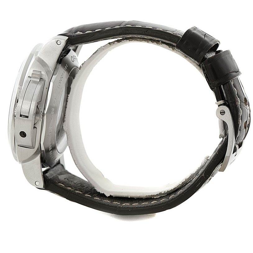 This image shows the side view of a Panerai Luminor PAM00320 Men's Stainless Steel Black Dial PAM00320 Men's Stainless Steel Black Dial watch, highlighting its case, lugs, and black leather strap.