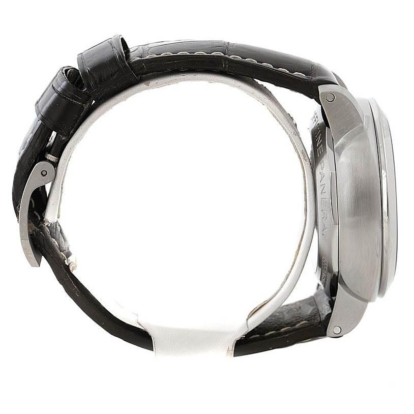 The image shows a side view of a Panerai Luminor PAM00320 Men's Stainless Steel Black Dial PAM00320 Men's Stainless Steel Black Dial watch, focusing on the case, strap, and clasp.