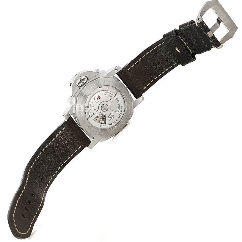 The image shows the back case and black leather strap of a Panerai Luminor PAM00320 Men's Stainless Steel Black Dial PAM00320 Men's Stainless Steel Black Dial watch.