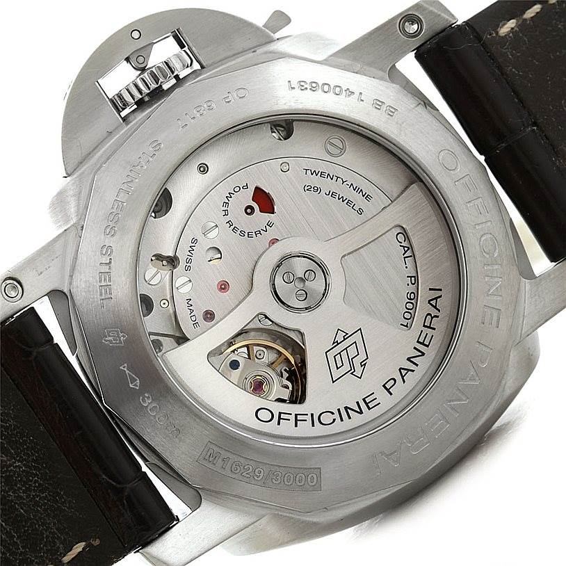 The image shows the intricate back view of the Panerai Luminor PAM00320 Men's Stainless Steel Black Dial PAM00320 Men's Stainless Steel Black Dial watch, highlighting the visible movement and "Officine Panerai" engraving.