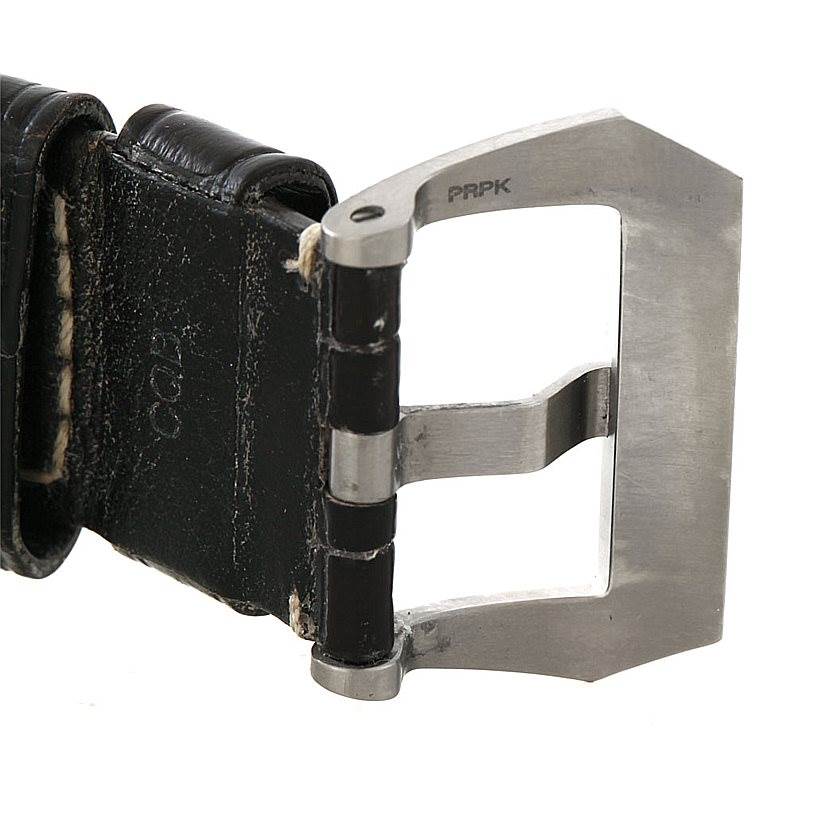 The image shows a close-up of the clasp and part of the strap of a Panerai Luminor PAM00320 Men's Stainless Steel Black Dial PAM00320 Men's Stainless Steel Black Dial watch.