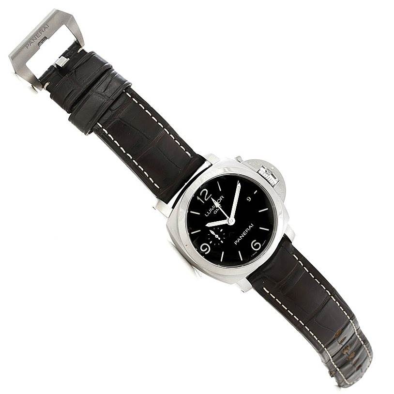 This image shows a Panerai Luminor PAM00320 Men's Stainless Steel Black Dial PAM00320 Men's Stainless Steel Black Dial watch at an angled top-down view, displaying its dial, bezel, and leather strap.