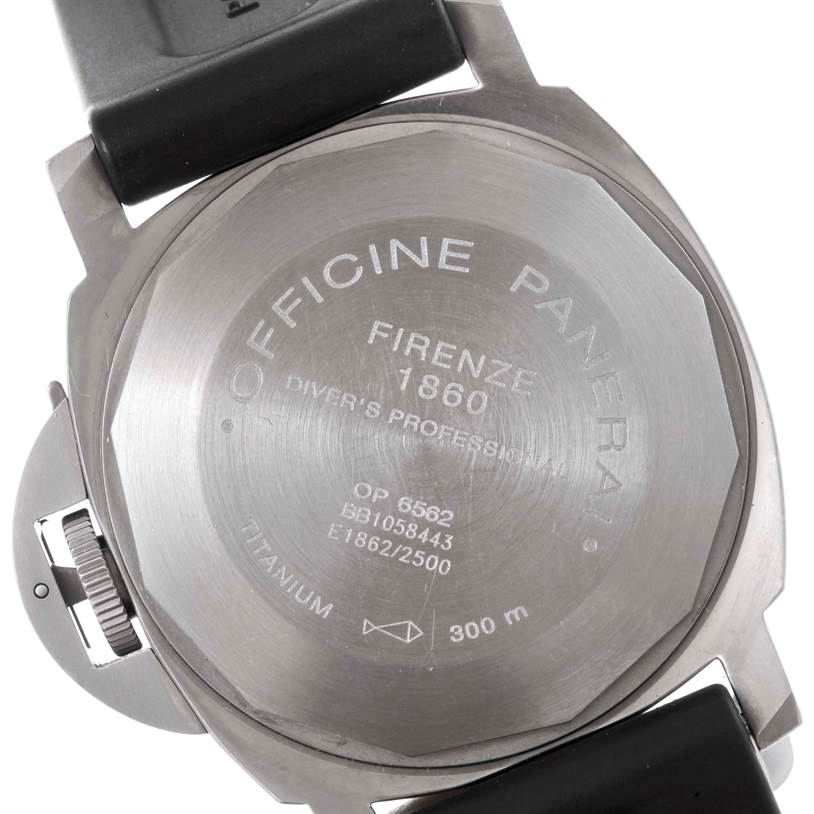 The image shows the back of a Panerai Submersible PAM00025 Men's Titanium Black Dial PAM00025 Men's Titanium Black Dial watch, highlighting its titanium case and engravings.