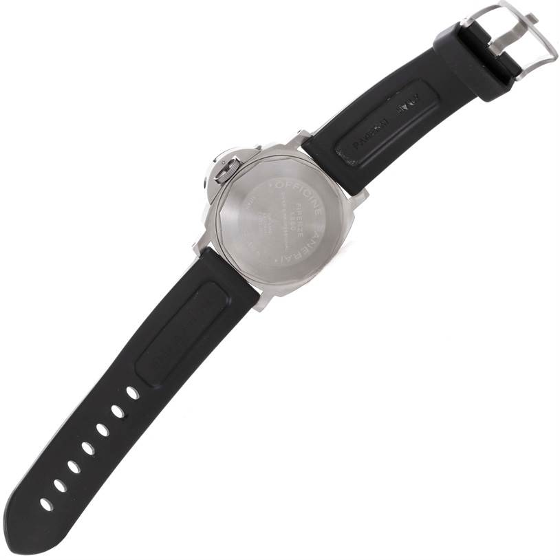 This Panerai Submersible PAM00025 Men's Titanium Black Dial PAM00025 Men's Titanium Black Dial watch is shown from the back, displaying the case back, strap, and buckle.