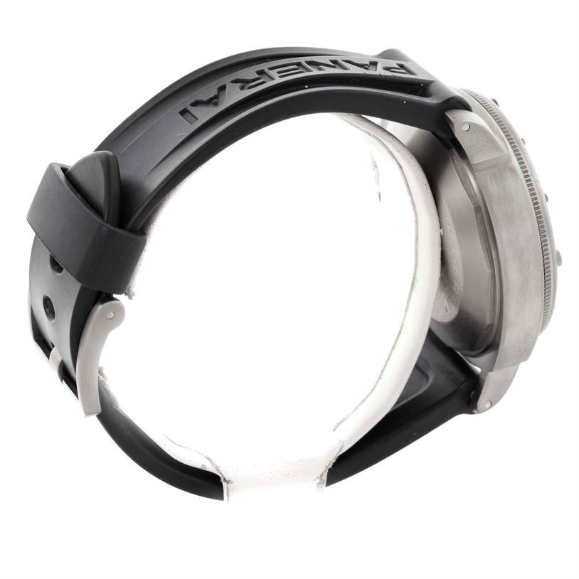 The image shows a side angle of a Panerai Submersible PAM00025 Men's Titanium Black Dial PAM00025 Men's Titanium Black Dial watch, highlighting its strap and partially visible case.