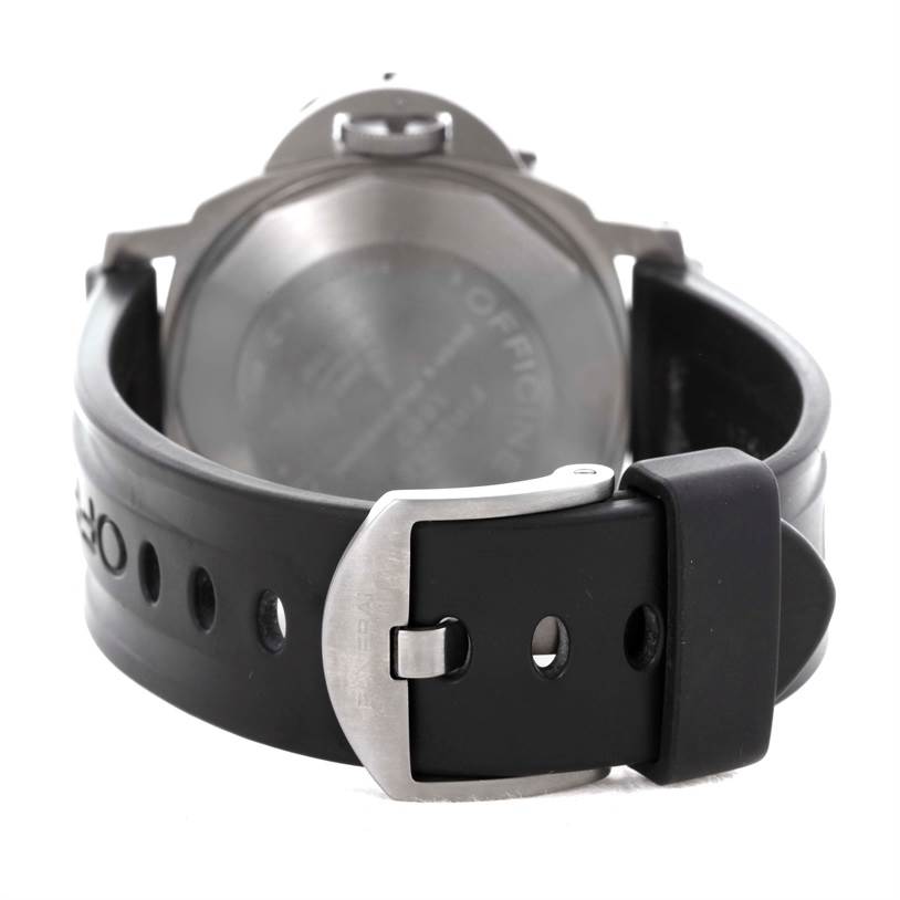 This image shows the back of the Panerai Submersible PAM00025 Men's Titanium Black Dial PAM00025 Men's Titanium Black Dial watch, highlighting the case back and rubber strap with the buckle.