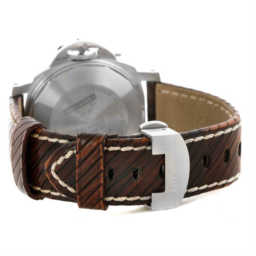 The image shows the back of a Panerai Luminor PAM00049 Men's Stainless Steel White Dial PAM00049 Men's Stainless Steel White Dial watch with a close-up of the brown leather strap and buckle.
