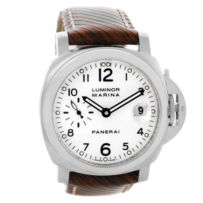 This image shows a front view of a Panerai Luminor PAM00049 Men's Stainless Steel White Dial PAM00049 Men's Stainless Steel White Dial Marina watch with a white dial and brown leather strap.