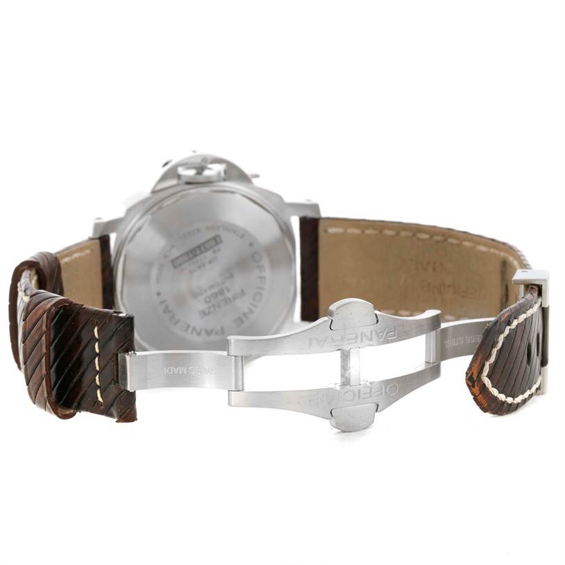 This image shows the back view of a Panerai Luminor PAM00049 Men's Stainless Steel White Dial PAM00049 Men's Stainless Steel White Dial watch, highlighting its case back and leather strap with a deployment clasp.