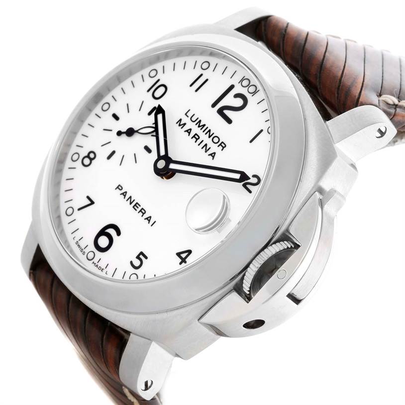 The image shows a close-up of a Panerai Luminor PAM00049 Men's Stainless Steel White Dial PAM00049 Men's Stainless Steel White Dial Marina watch, highlighting its white dial, leather strap, and crown guard.