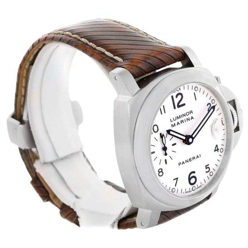 The image shows a Panerai Luminor PAM00049 Men's Stainless Steel White Dial PAM00049 Men's Stainless Steel White Dial watch at a three-quarter angle, highlighting its dial, bezel, crown guard, and strap.