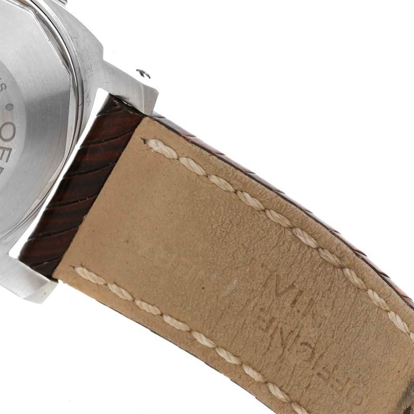 The image shows the back case and leather strap of a Panerai Luminor PAM00049 Men's Stainless Steel White Dial PAM00049 Men's Stainless Steel White Dial watch from an angled side view.