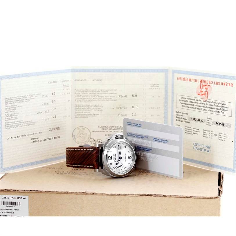 The image shows a Panerai Luminor PAM00049 Men's Stainless Steel White Dial PAM00049 Men's Stainless Steel White Dial watch with its documentation and credit card displayed at an angle.