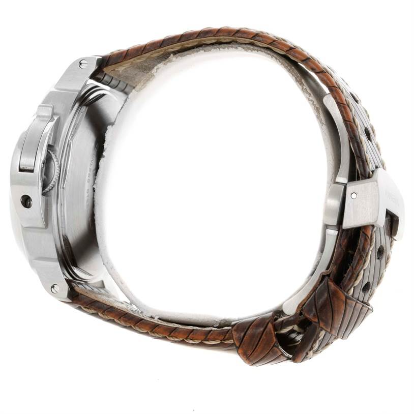 The image shows a side view of a Panerai Luminor PAM00049 Men's Stainless Steel White Dial PAM00049 Men's Stainless Steel White Dial watch, emphasizing the crown guard and brown leather strap.