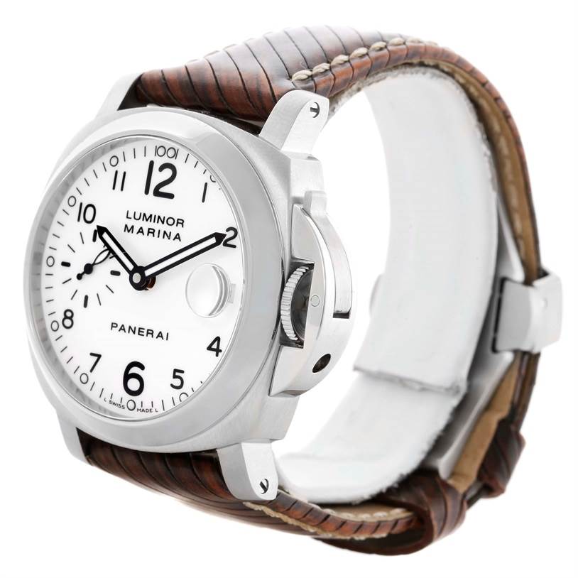 The image shows a Panerai Luminor PAM00049 Men's Stainless Steel White Dial PAM00049 Men's Stainless Steel White Dial Marina watch at a three-quarter angle, highlighting the dial, case, crown guard, and strap.