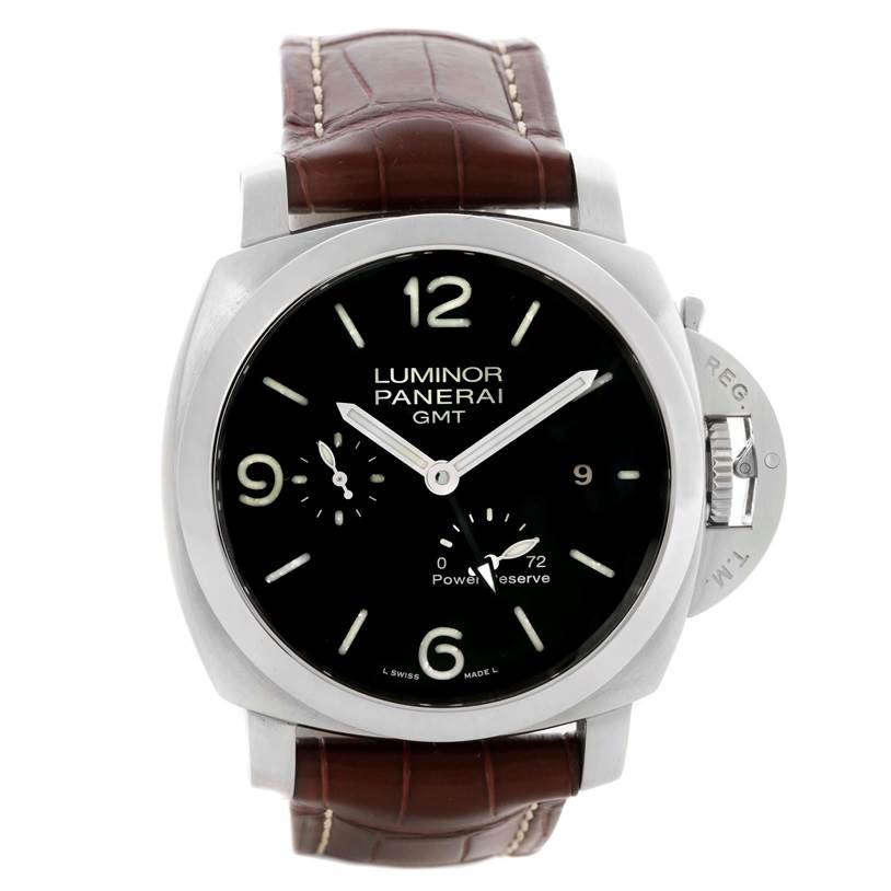 This image is a front view of a Panerai Luminor PAM00347 Men's Stainless Steel Black Dial PAM00347 Men's Stainless Steel Black Dial GMT watch showing the dial, hands, crown, and brown leather strap.