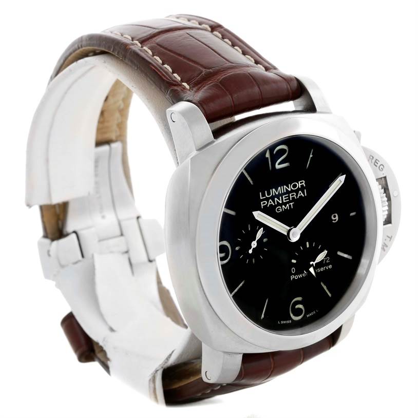 This image shows the front and left side view of a Panerai Luminor PAM00347 Men's Stainless Steel Black Dial PAM00347 Men's Stainless Steel Black Dial GMT watch with a brown leather strap.