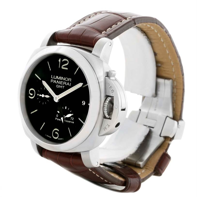 This Panerai Luminor PAM00347 Men's Stainless Steel Black Dial PAM00347 Men's Stainless Steel Black Dial watch is shown at a three-quarter angle, displaying the face, crown guard, and leather strap.