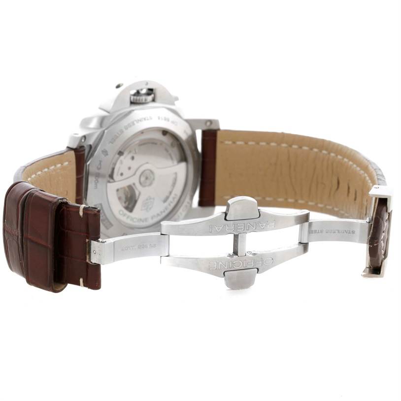 The image shows the open back case and clasp of a Panerai Luminor PAM00347 Men's Stainless Steel Black Dial PAM00347 Men's Stainless Steel Black Dial watch.