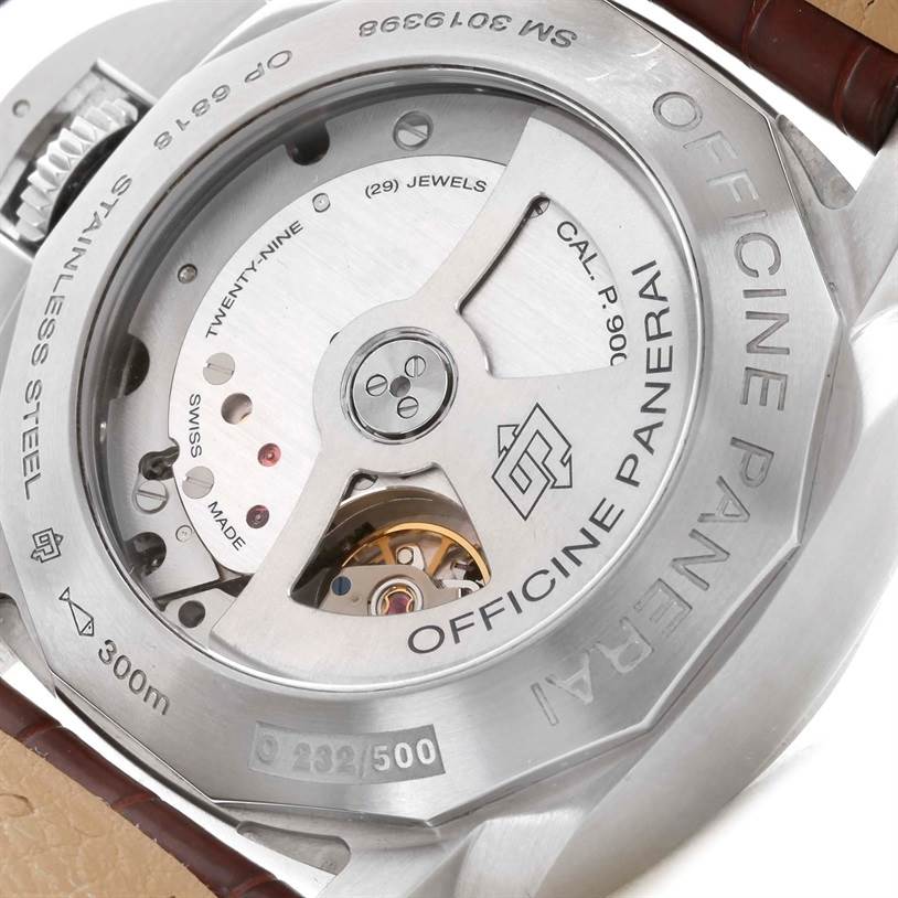 The image shows the back case of a Panerai Luminor PAM00347 Men's Stainless Steel Black Dial PAM00347 Men's Stainless Steel Black Dial watch, revealing its internal mechanical movement.