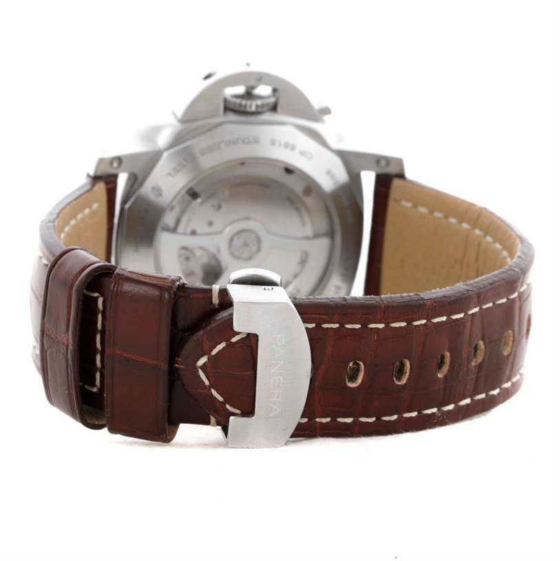 The image shows the back of a Panerai Luminor PAM00347 Men's Stainless Steel Black Dial PAM00347 Men's Stainless Steel Black Dial watch, highlighting the leather strap and the stainless steel clasp.